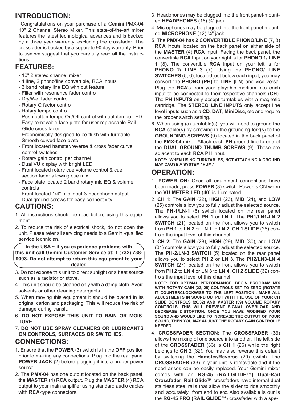 Introduction, Features, Cautions | Connections, Operation | Gemini PMX-04 User Manual | Page 4 / 12