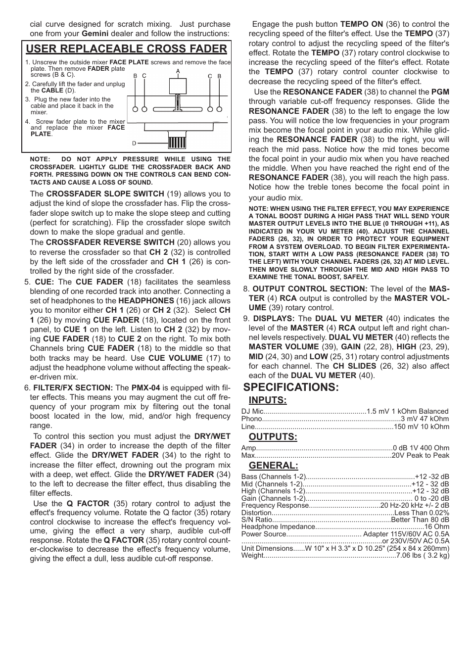 Specifications, User replaceable cross fader, Inputs | Outputs, General | Gemini PMX-04 User Manual | Page 5 / 12