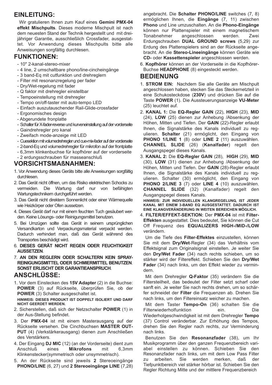 Einleitung, Funktionen, Vorsichtsmaßnahmen | Anschlüsse, Bedienung | Gemini PMX-04 User Manual | Page 6 / 12
