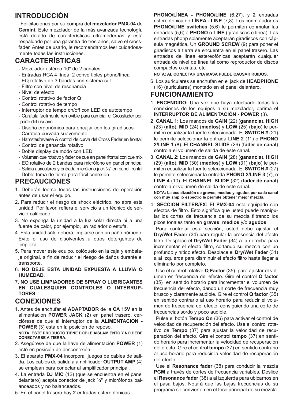 Introducción, Características, Precauciones | Conexiones, Funcionamiento | Gemini PMX-04 User Manual | Page 8 / 12