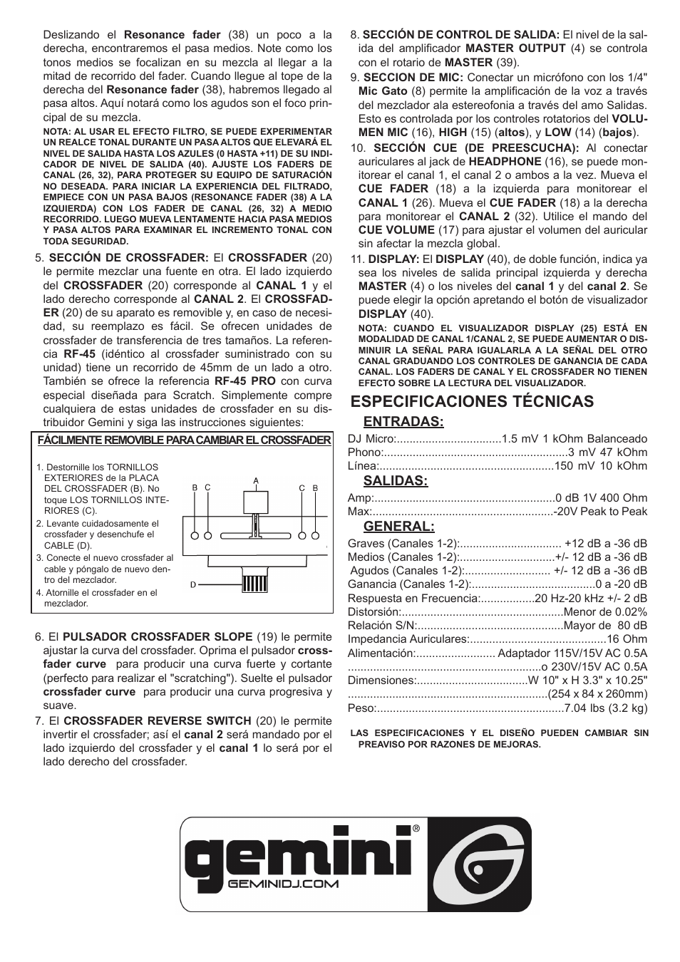 Especificaciones técnicas, Entradas, Salidas | General | Gemini PMX-04 User Manual | Page 9 / 12