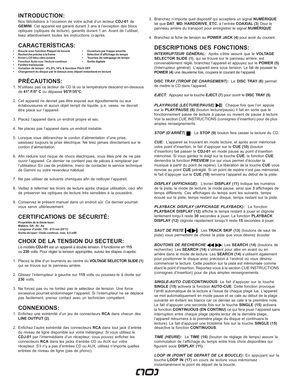 Introduction, Características, Précautions | Certifications de sécurité, Choix de la tension du secteur, Connexions, Descriptions des fonctions | Gemini CDJ-0I User Manual | Page 10 / 12