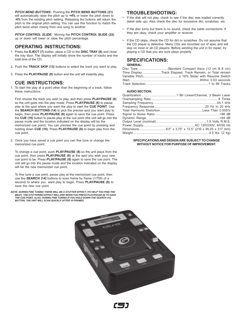 Gemini CDJ-0I User Manual | Page 5 / 12