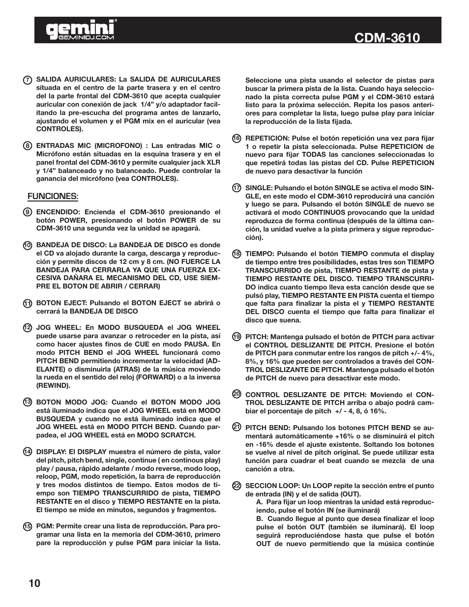 Cdm-3610, Funciones | Gemini CDM-3610 User Manual | Page 10 / 25