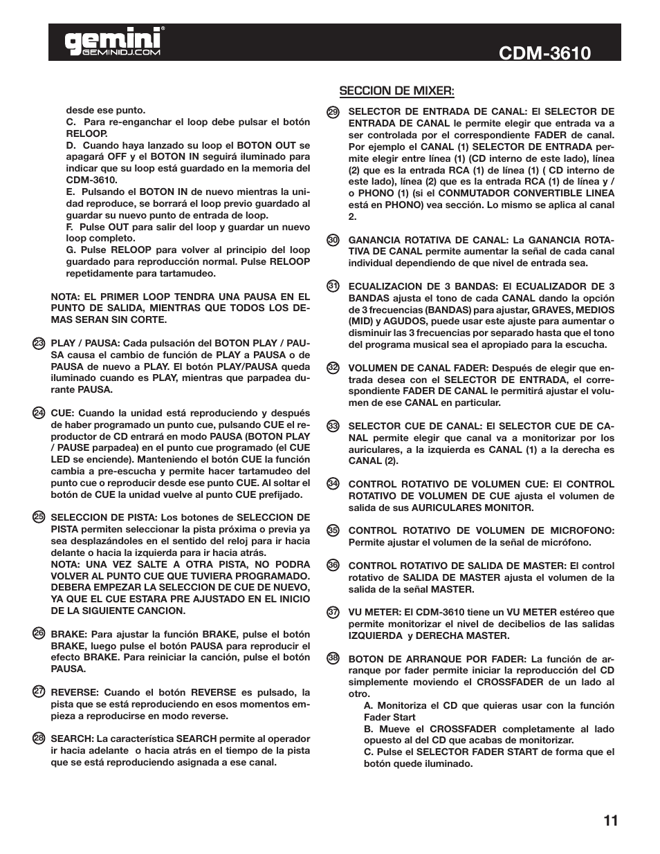 Cdm-3610, Seccion de mixer | Gemini CDM-3610 User Manual | Page 11 / 25