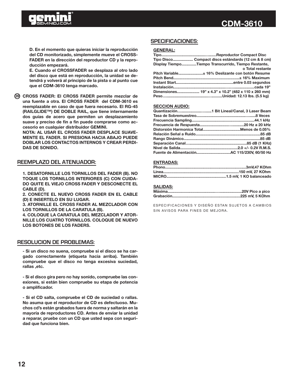 Cdm-3610, Resolucion de problemas: reemplazo del atenuador, Specificaciones | Gemini CDM-3610 User Manual | Page 12 / 25