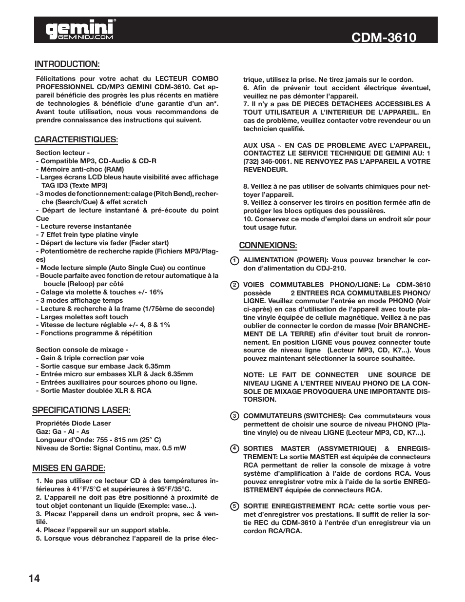Cdm-3610 | Gemini CDM-3610 User Manual | Page 14 / 25