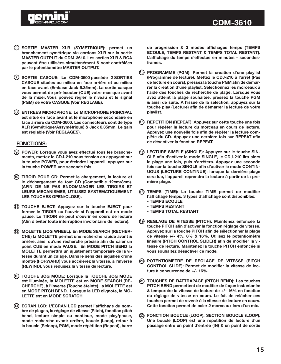 Cdm-3610, Fonctions | Gemini CDM-3610 User Manual | Page 15 / 25