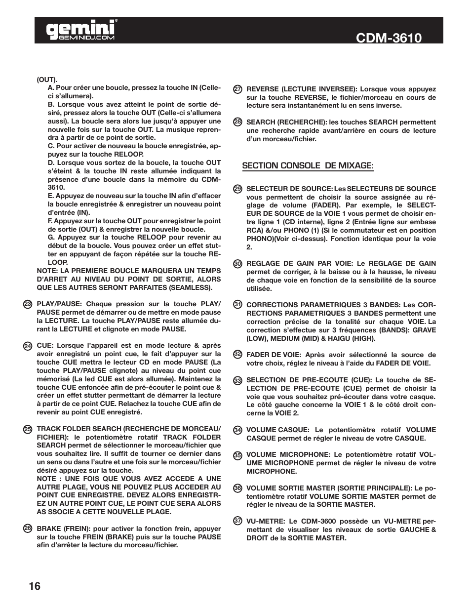 Cdm-3610 | Gemini CDM-3610 User Manual | Page 16 / 25