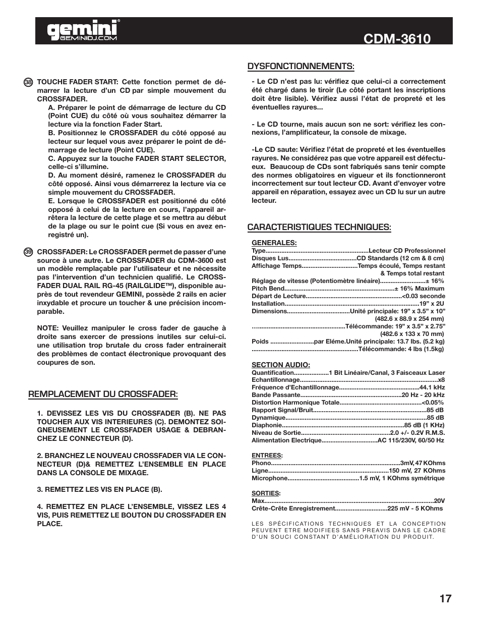 Cdm-3610, Caracteristiques techniques: dysfonctionnements, Remplacement du crossfader | Gemini CDM-3610 User Manual | Page 17 / 25
