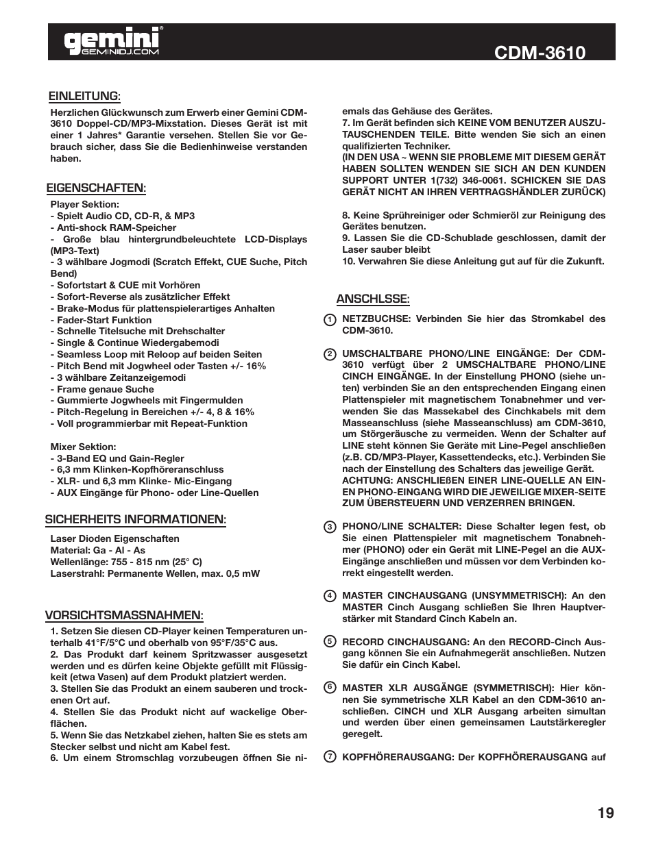 Cdm-3610 | Gemini CDM-3610 User Manual | Page 19 / 25