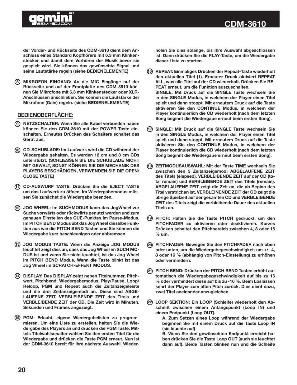 Cdm-3610, Bedienoberfläche | Gemini CDM-3610 User Manual | Page 20 / 25