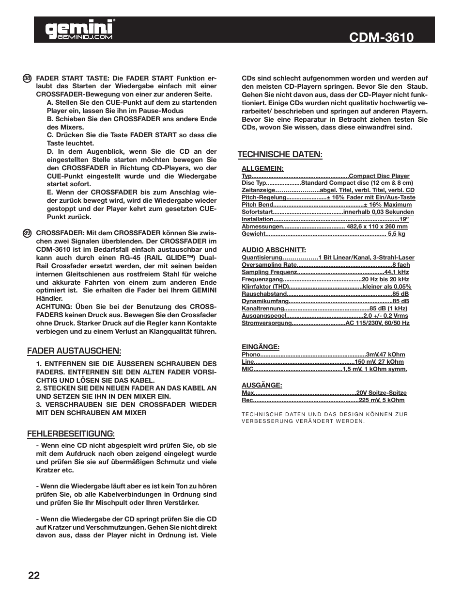 Cdm-3610 | Gemini CDM-3610 User Manual | Page 22 / 25