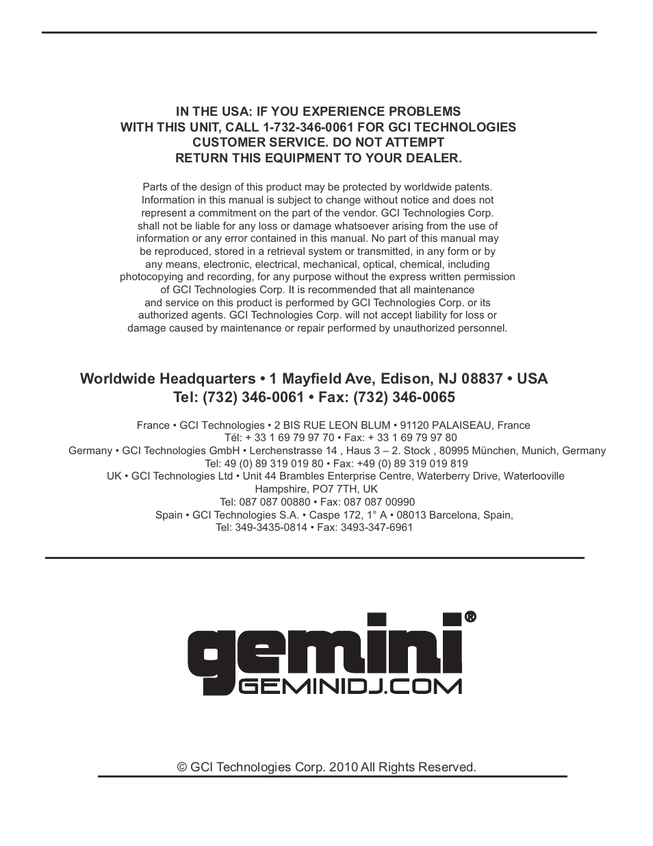 Gci technologies corp. 2010 all rights reserved | Gemini CDM-3610 User Manual | Page 25 / 25