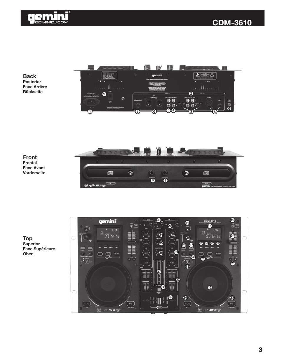 Cdm-3610, Back, Front | Gemini CDM-3610 User Manual | Page 3 / 25