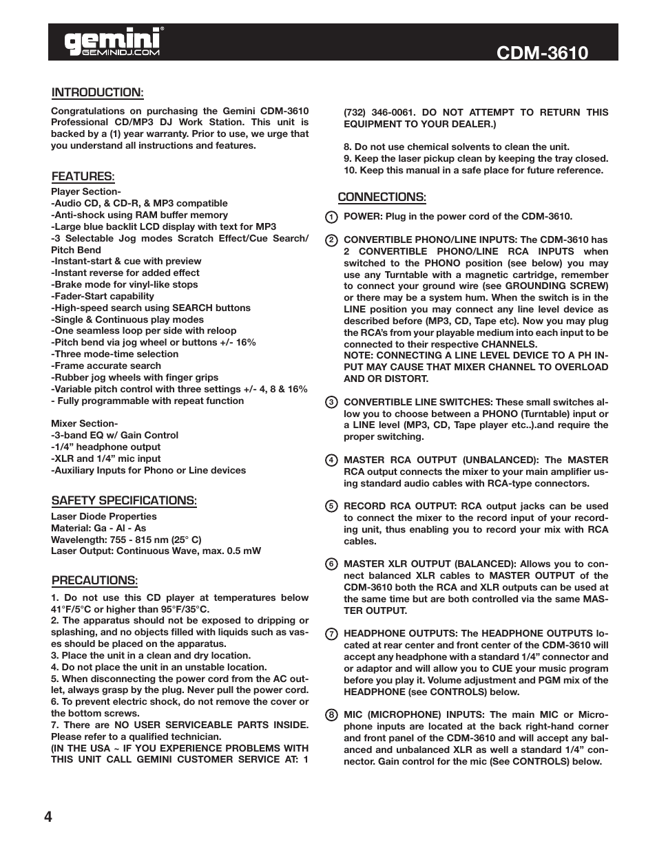 Cdm-3610 | Gemini CDM-3610 User Manual | Page 4 / 25