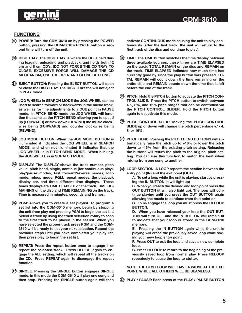 Cdm-3610, Functions | Gemini CDM-3610 User Manual | Page 5 / 25