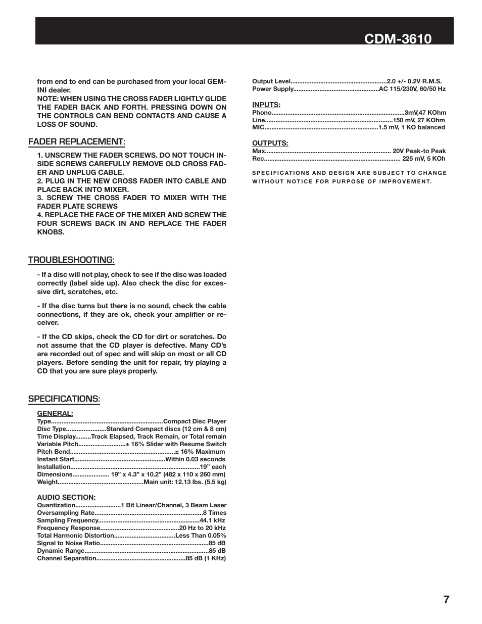 Cdm-3610 | Gemini CDM-3610 User Manual | Page 7 / 25