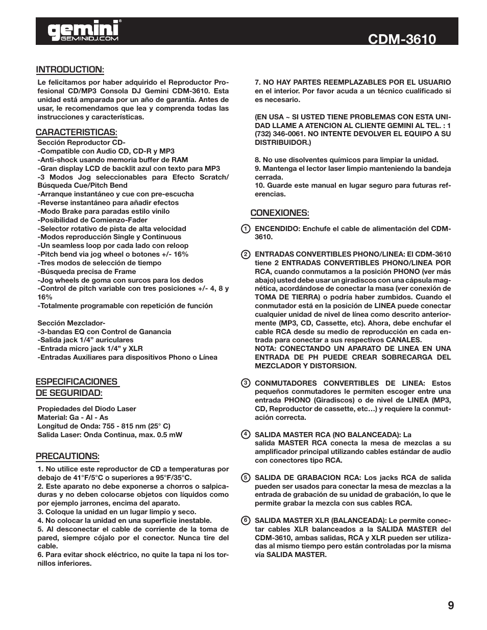 Cdm-3610 | Gemini CDM-3610 User Manual | Page 9 / 25