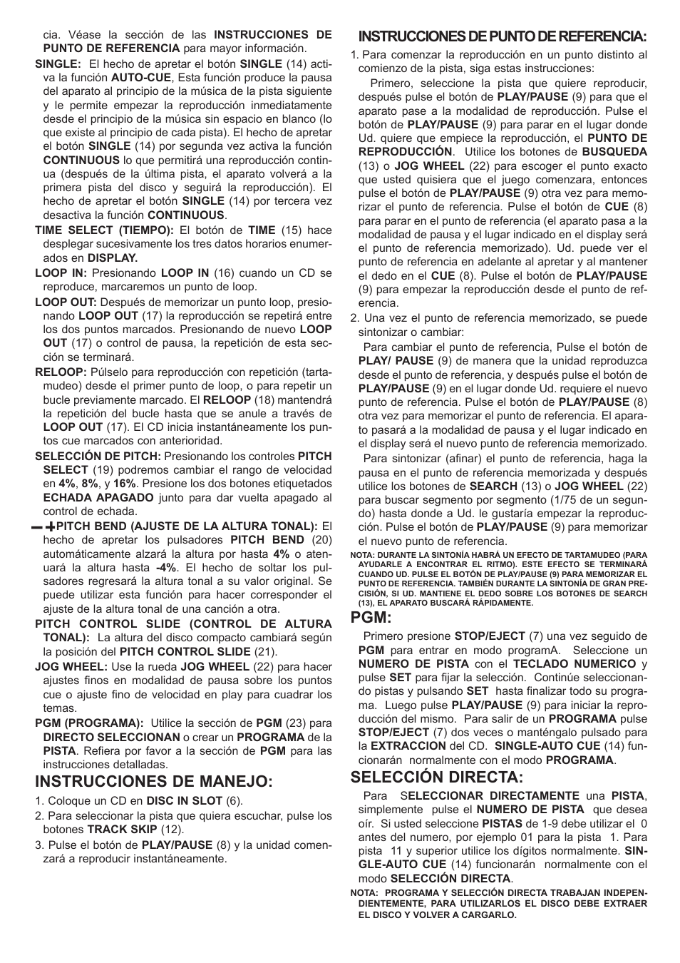 Instrucciones de manejo, Selección directa, Instrucciones de punto de referencia | Gemini iCDJ User Manual | Page 10 / 16