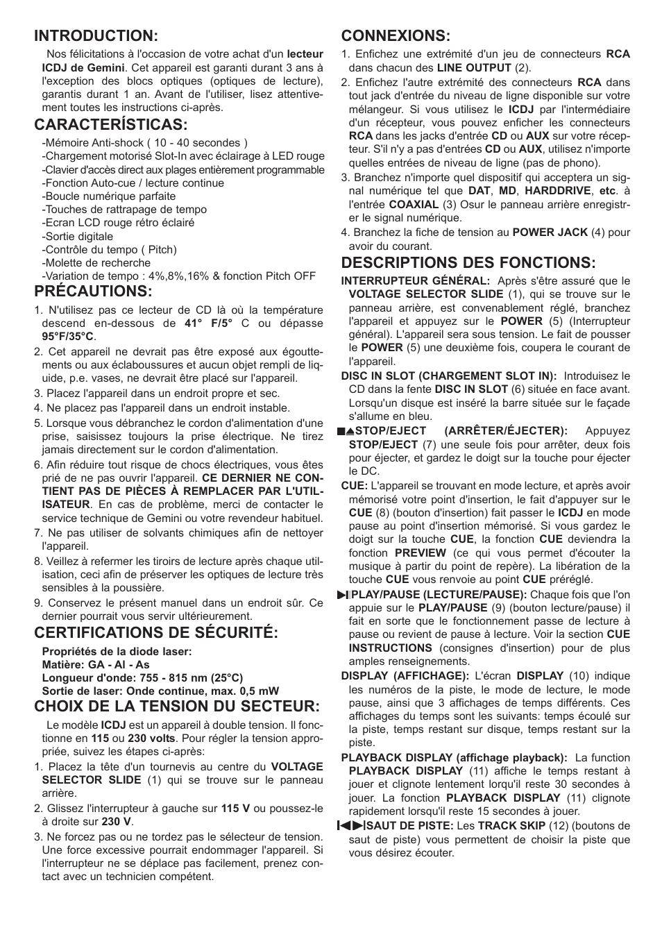 Introduction, Características, Précautions | Certifications de sécurité, Choix de la tension du secteur, Connexions, Descriptions des fonctions | Gemini iCDJ User Manual | Page 12 / 16