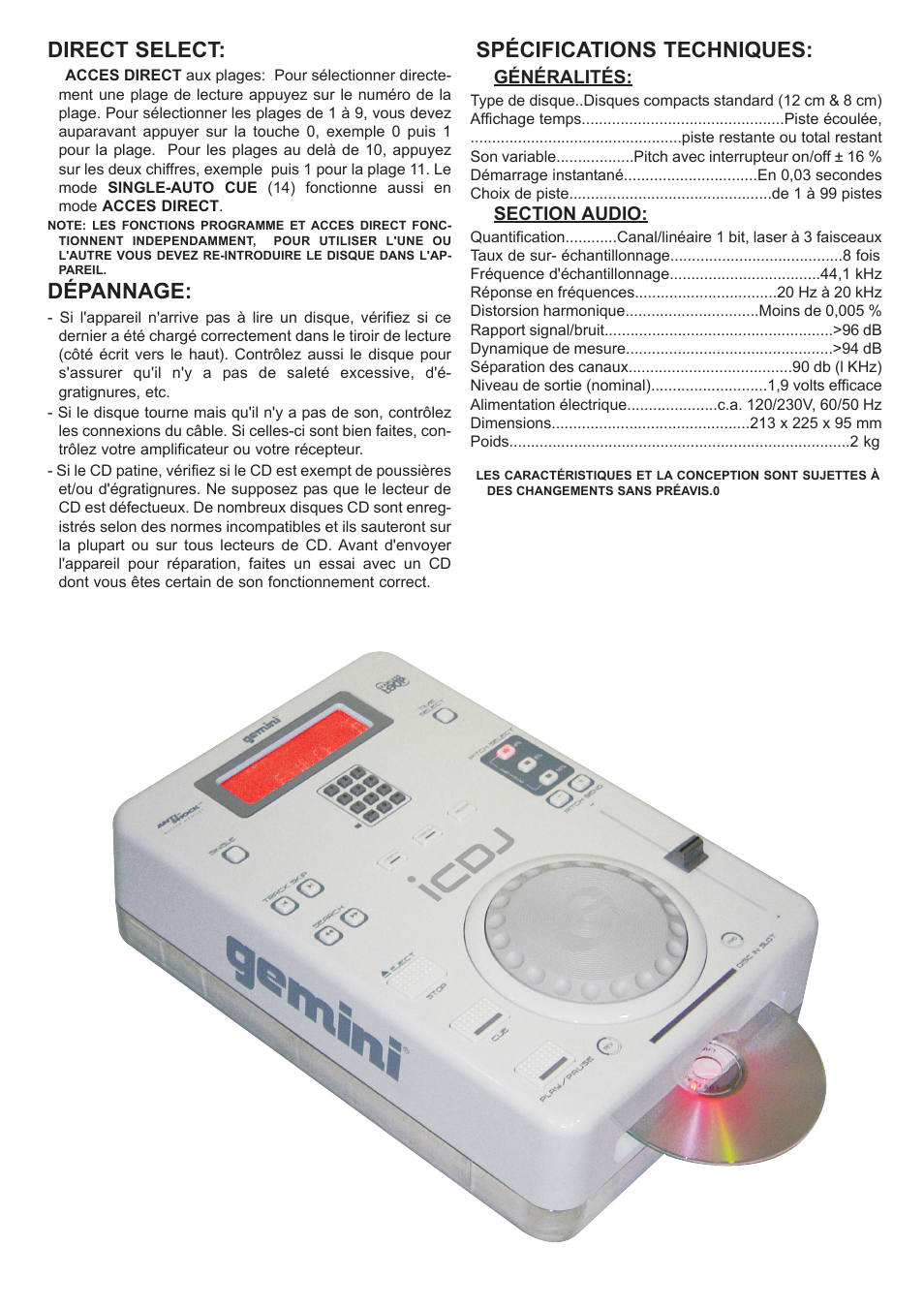 Direct select, Dépannage, Spécifications techniques | Gemini iCDJ User Manual | Page 14 / 16