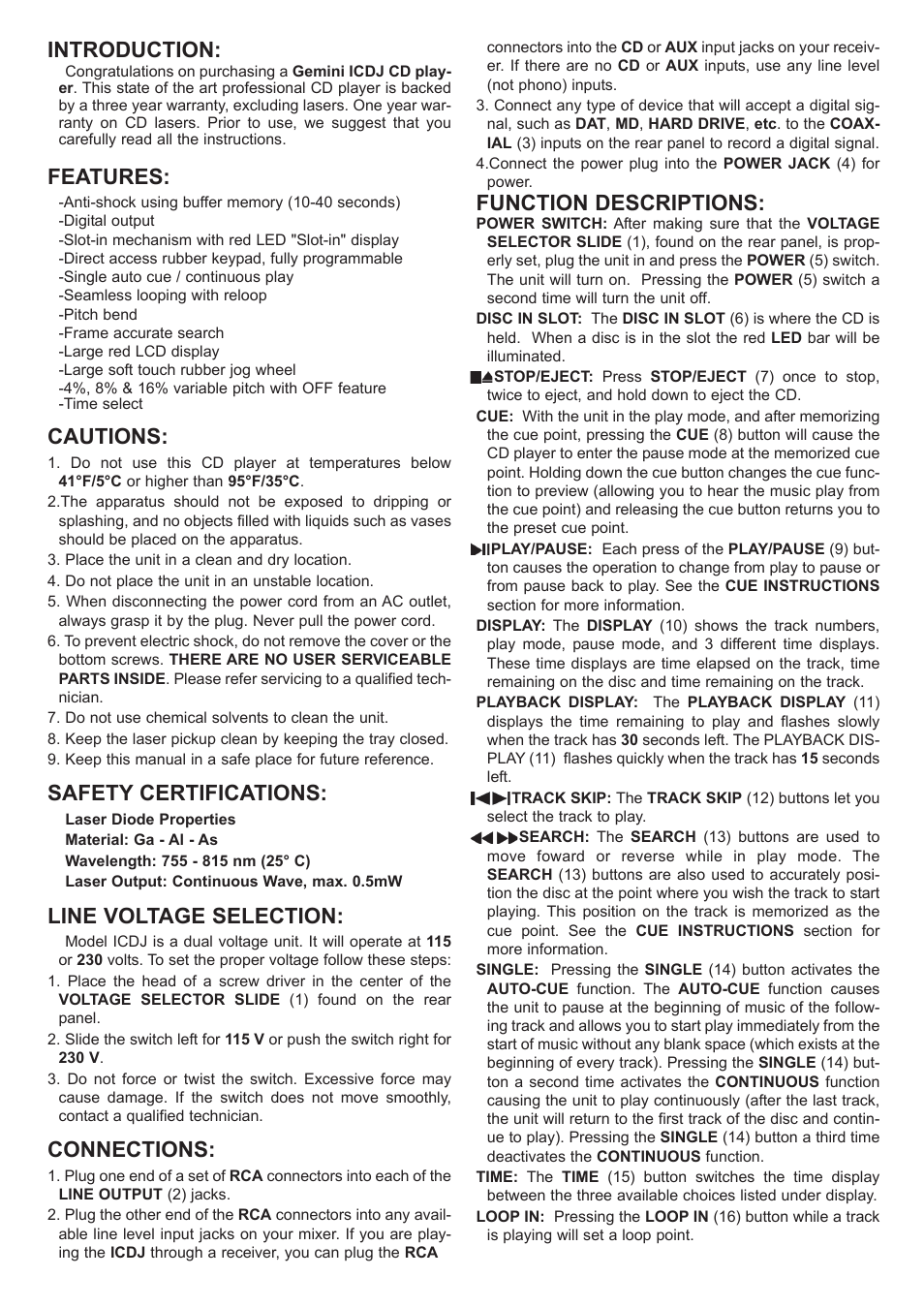 Introduction, Features, Cautions | Safety certifications, Line voltage selection, Connections, Function descriptions | Gemini iCDJ User Manual | Page 4 / 16