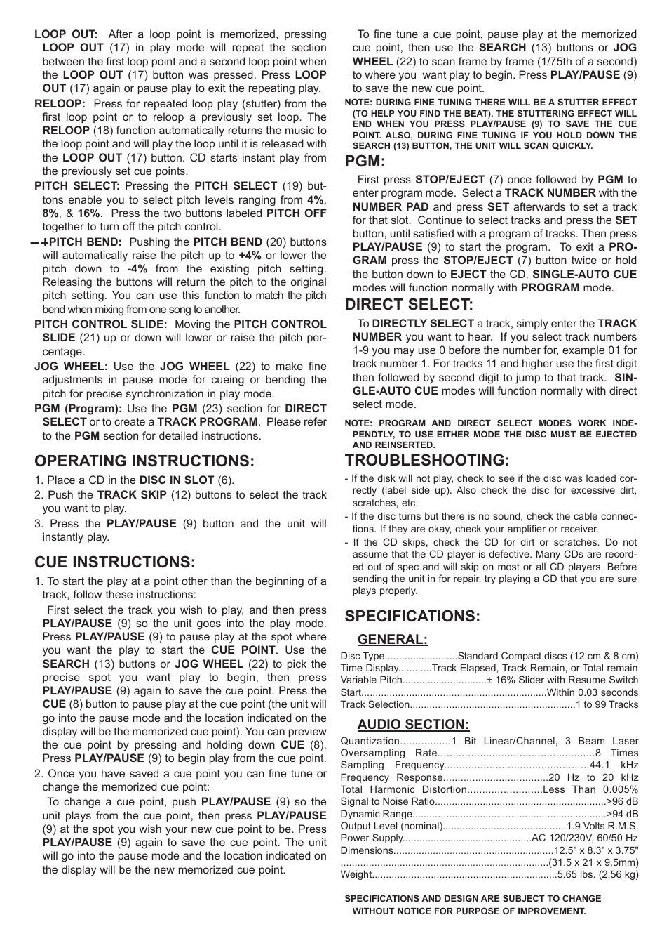 Operating instructions, Cue instructions, Direct select | Troubleshooting, Specifications | Gemini iCDJ User Manual | Page 5 / 16