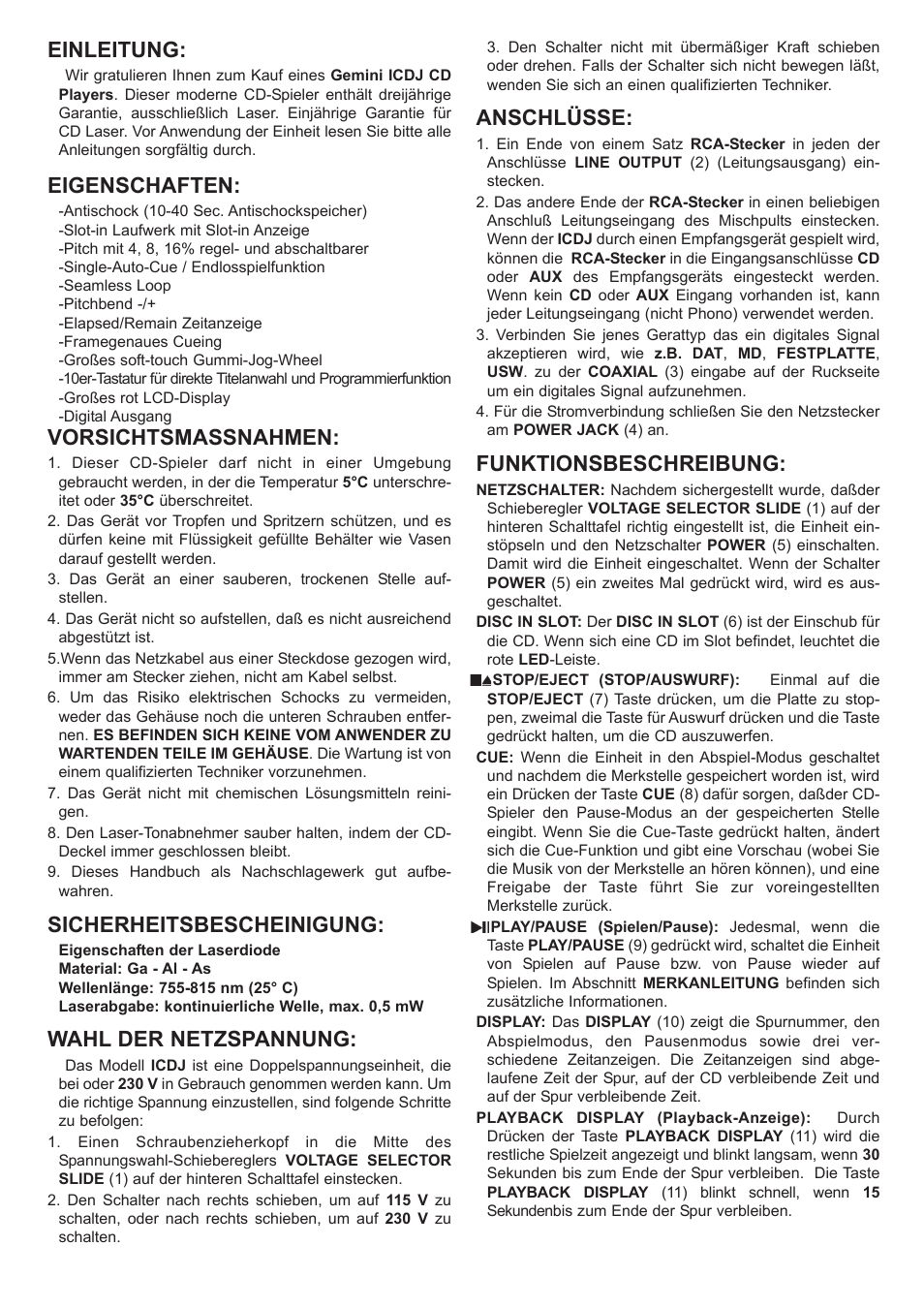 Einleitung, Eigenschaften, Vorsichtsmassnahmen | Sicherheitsbescheinigung, Wahl der netzspannung, Anschlüsse, Funktionsbeschreibung | Gemini iCDJ User Manual | Page 6 / 16