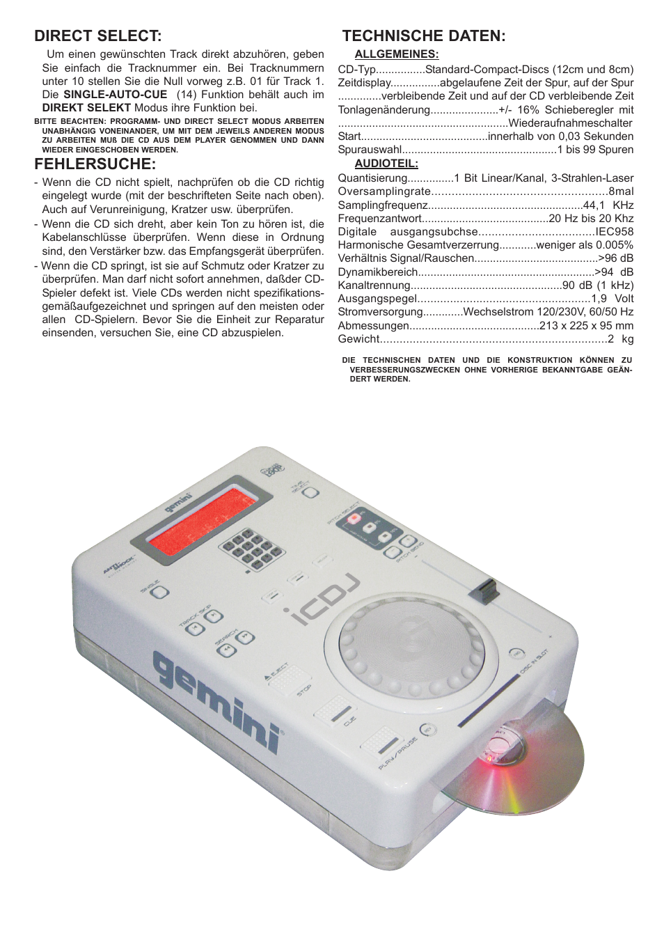 Direct select, Fehlersuche, Technische daten | Gemini iCDJ User Manual | Page 8 / 16