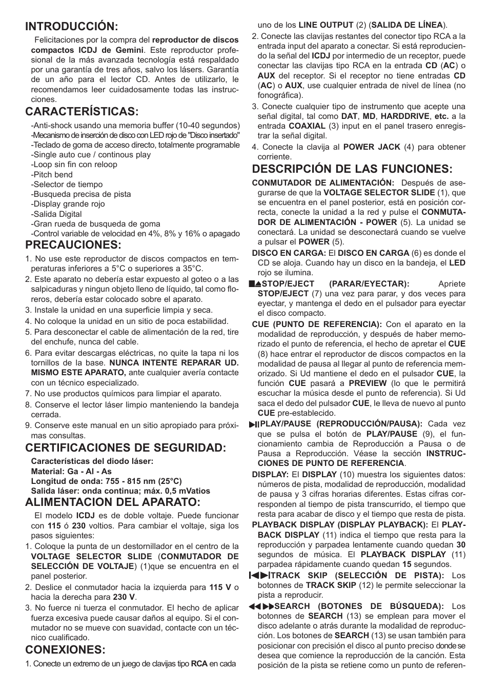 Introducción, Características, Precauciones | Certificaciones de seguridad, Alimentacion del aparato, Conexiones, Descripción de las funciones | Gemini iCDJ User Manual | Page 9 / 16
