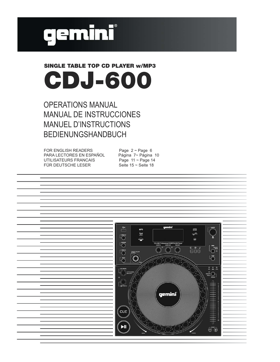 Gemini CDJ-600 User Manual | 20 pages