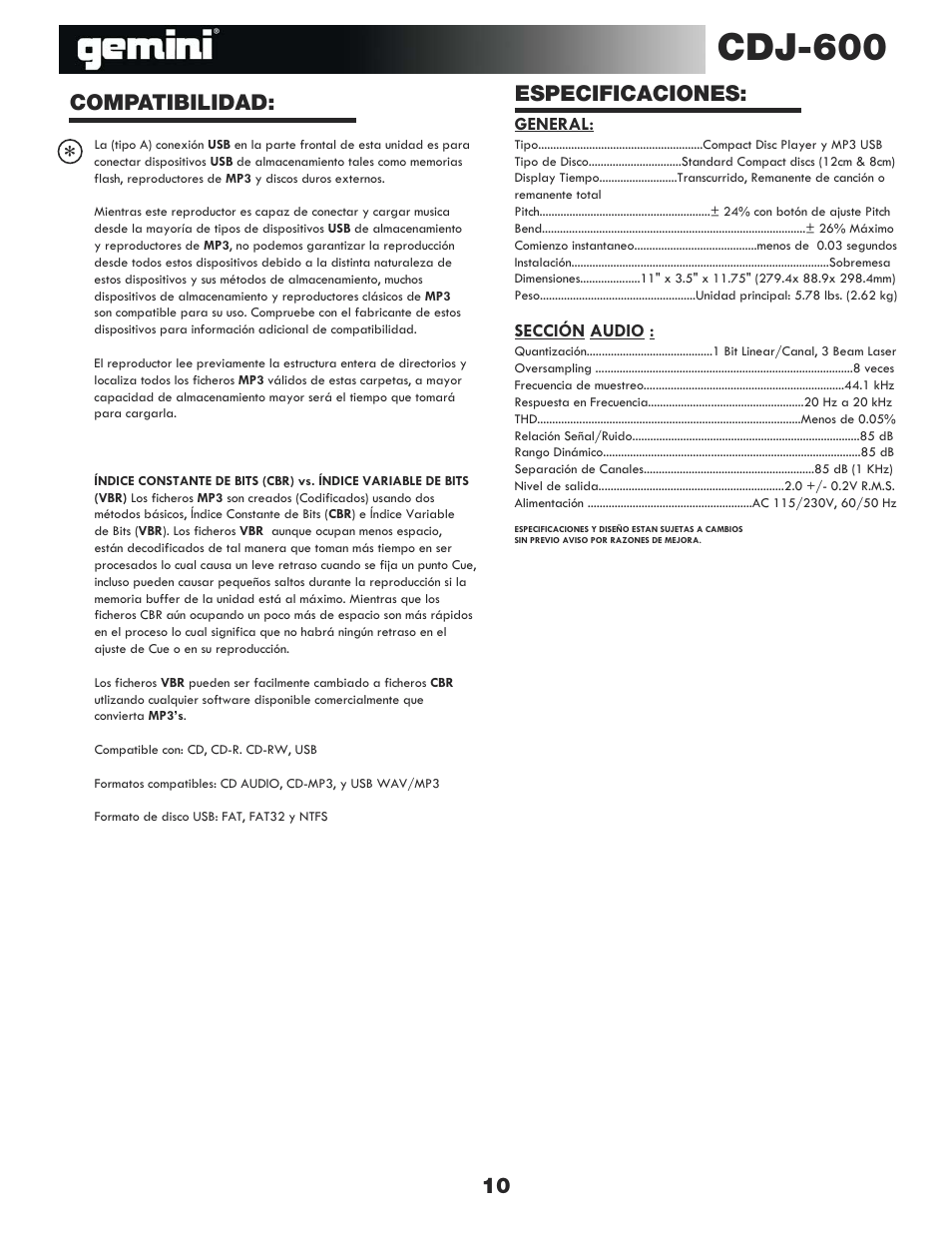 Cdj-600, Especificaciones, Compatibilidad: 10 | Gemini CDJ-600 User Manual | Page 10 / 20
