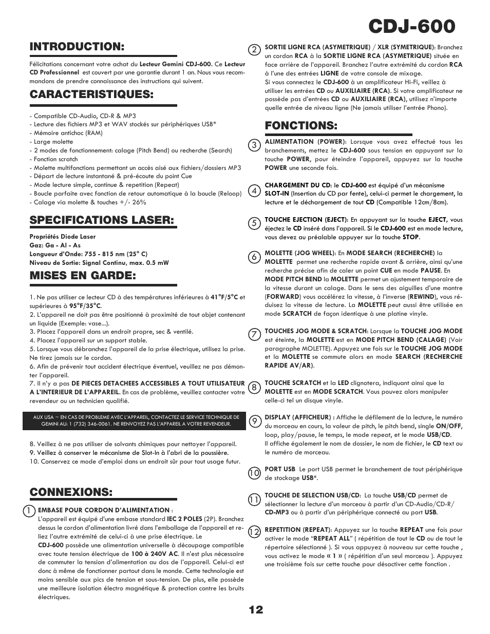 Cdj-600, Introduction, Fonctions | Gemini CDJ-600 User Manual | Page 12 / 20