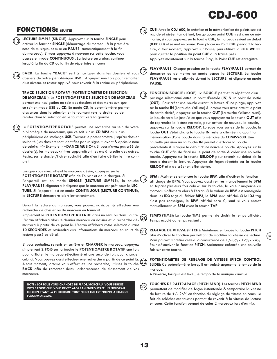 Cdj-600, 13 fonctions | Gemini CDJ-600 User Manual | Page 13 / 20