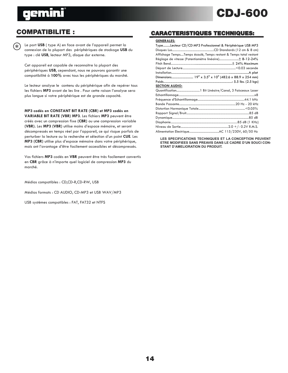 Cdj-600, Compatibilite | Gemini CDJ-600 User Manual | Page 14 / 20