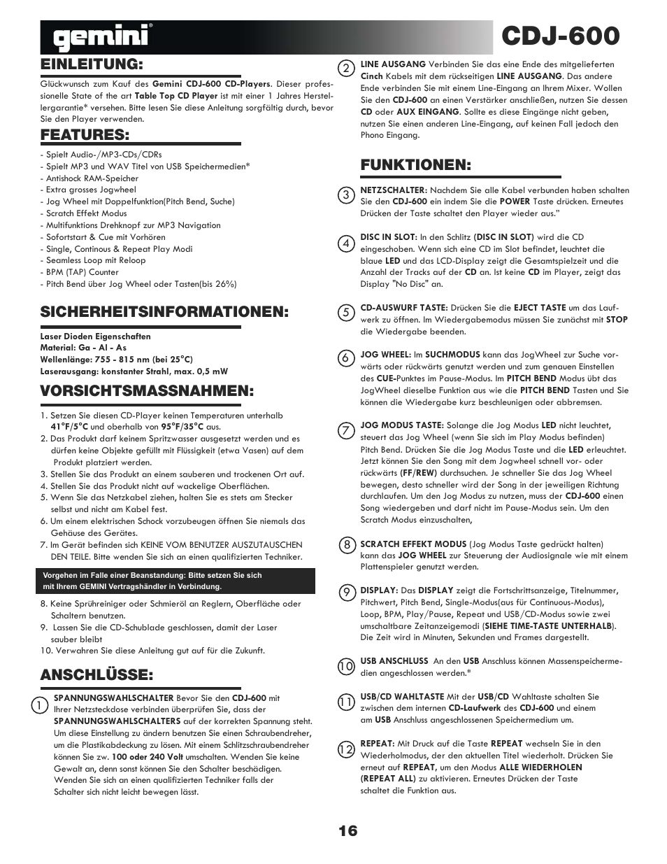 Cdj-600, Einleitung: 16 features: anschlüsse, Funktionen | Sicherheitsinformationen: vorsichtsmassnahmen | Gemini CDJ-600 User Manual | Page 16 / 20