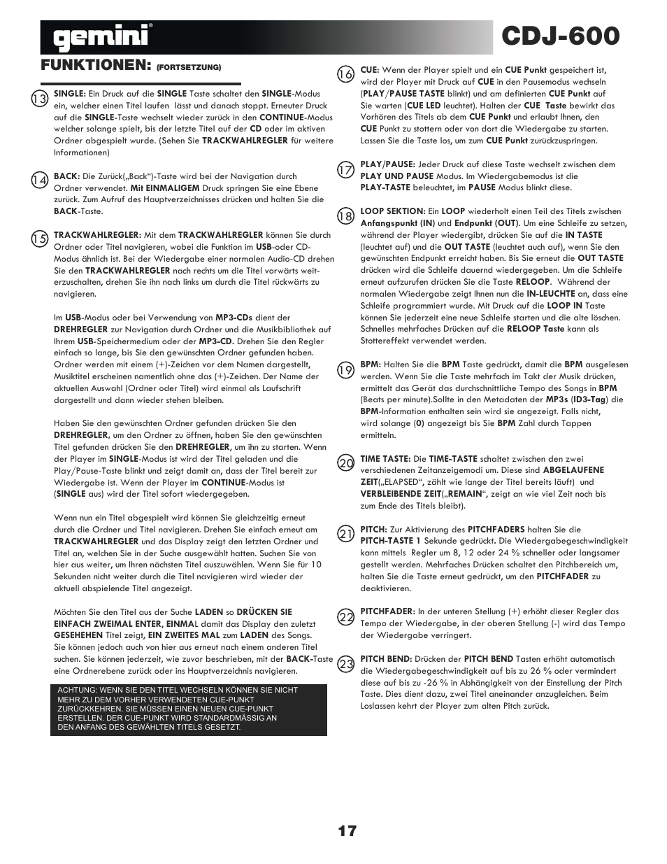 Cdj-600, Funktionen | Gemini CDJ-600 User Manual | Page 17 / 20