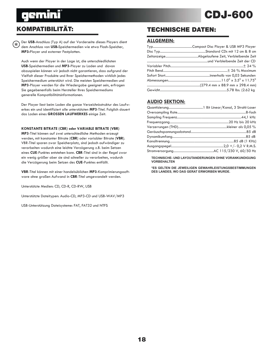 Cdj-600, 18 technische daten: kompatibilität | Gemini CDJ-600 User Manual | Page 18 / 20