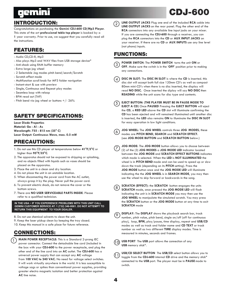 Cdj-600, Functions | Gemini CDJ-600 User Manual | Page 4 / 20