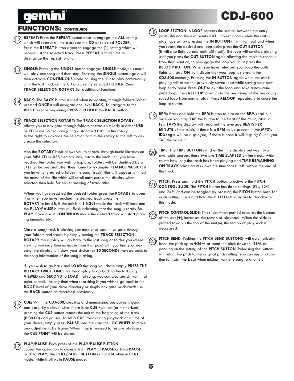 Cdj-600, Functions | Gemini CDJ-600 User Manual | Page 5 / 20