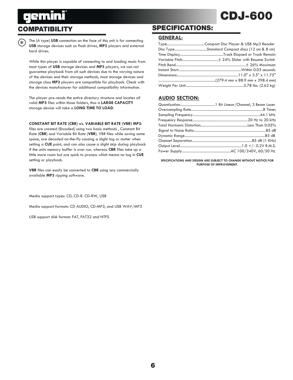 Cdj-600, Specifications, Compatibility 6 | Gemini CDJ-600 User Manual | Page 6 / 20