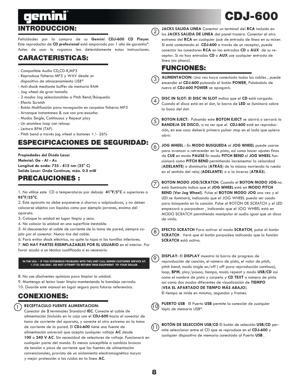 Cdj-600, Funciones | Gemini CDJ-600 User Manual | Page 8 / 20