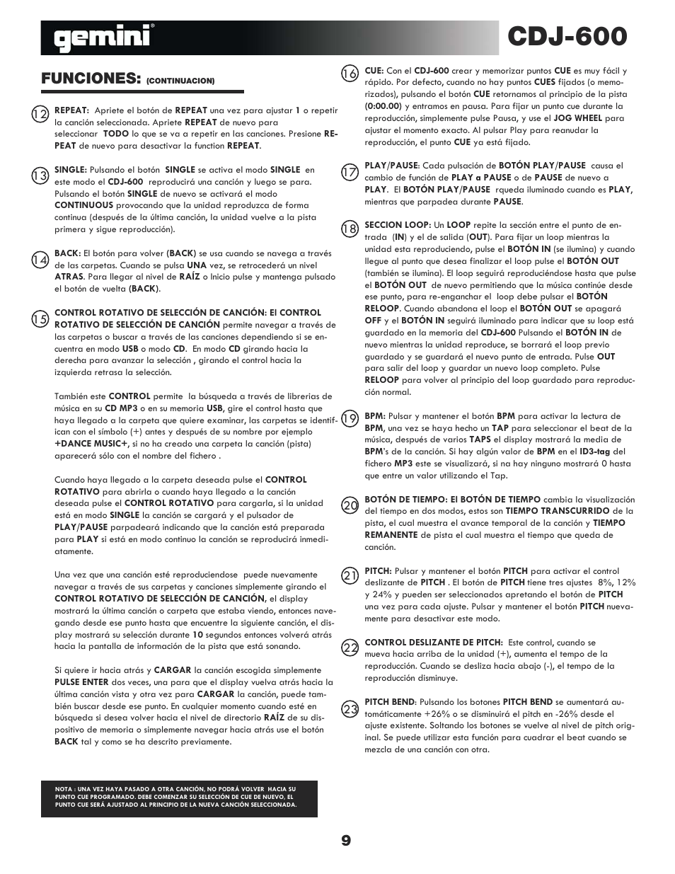 Cdj-600, 9funciones | Gemini CDJ-600 User Manual | Page 9 / 20