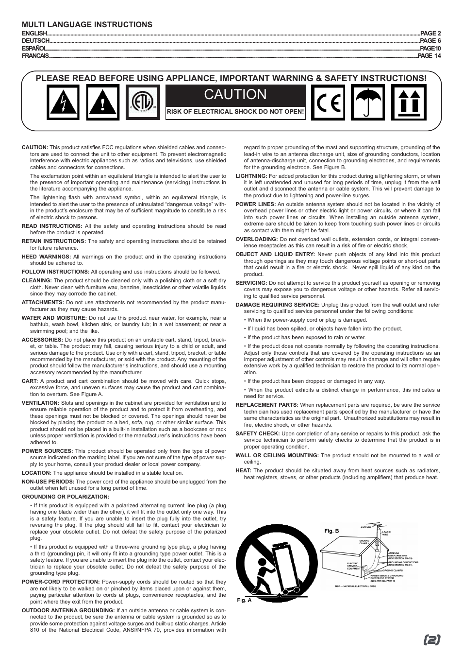 Caution, Multi language instructions | Gemini MM-1000 User Manual | Page 2 / 5