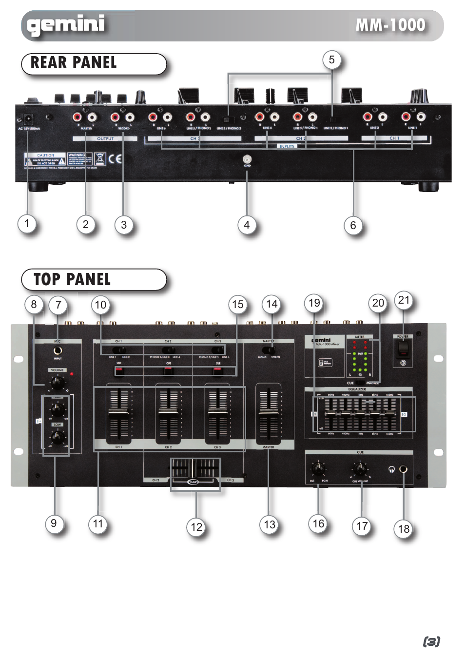 Rear panel top panel, Mm-1000 | Gemini MM-1000 User Manual | Page 3 / 5