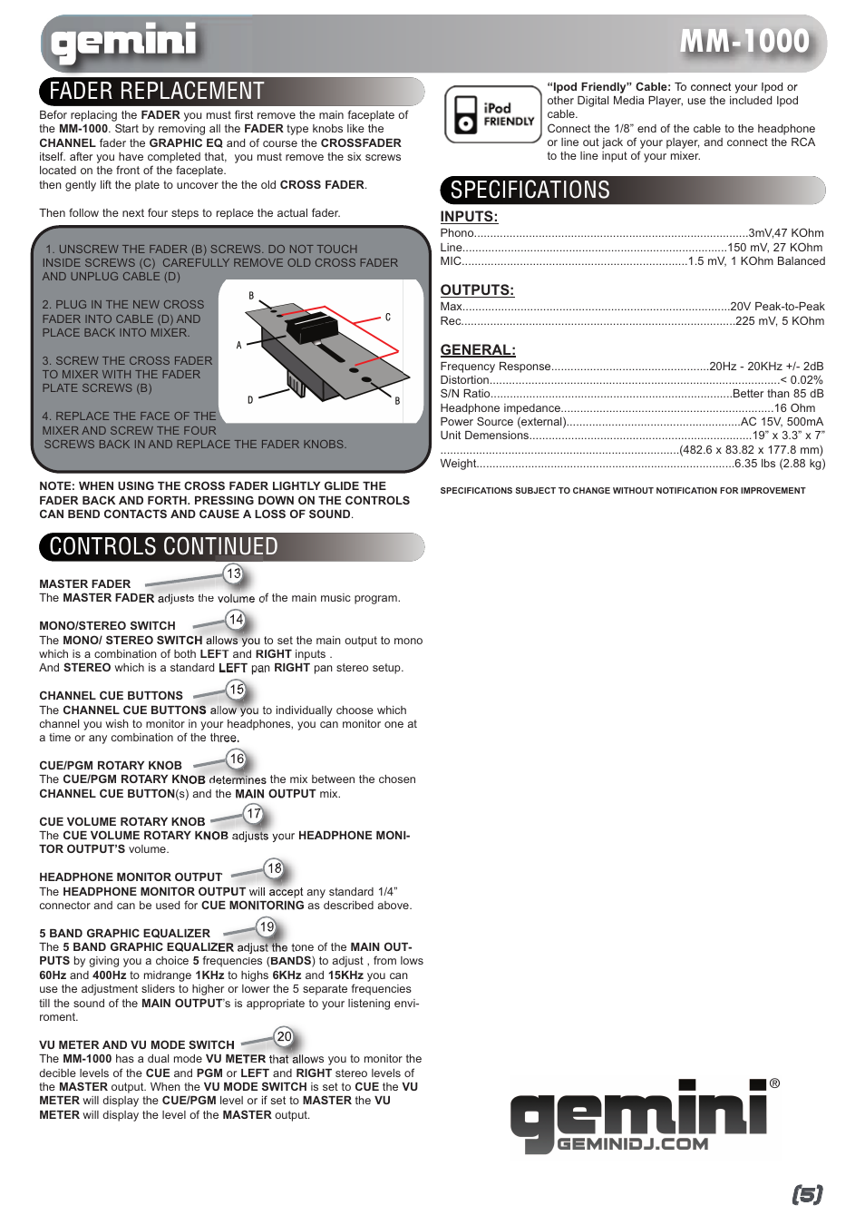 Mm-1000, Fader replacement, Controls continued | Specifications | Gemini MM-1000 User Manual | Page 5 / 5