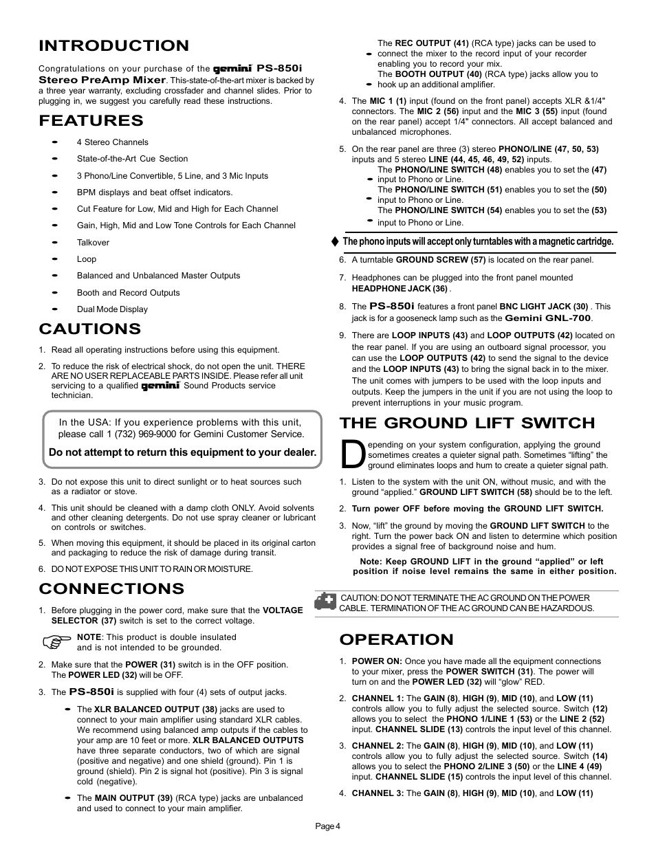 The ground lift switch, Operation, Introduction | Features, Cautions, Connections | Gemini PS-850i User Manual | Page 4 / 6