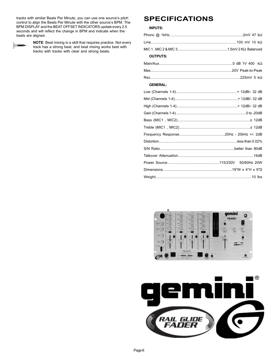 Specifications | Gemini PS-850i User Manual | Page 6 / 6