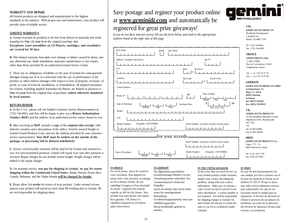 For your records | Gemini MPX-40 User Manual | Page 22 / 22